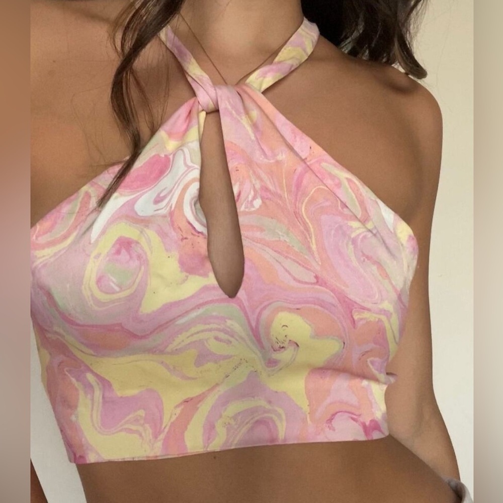 Zara Satin Marbled Keyhole Top Pink Yellow Watercolor Tie Back Halter size S - Picture 2 of 10